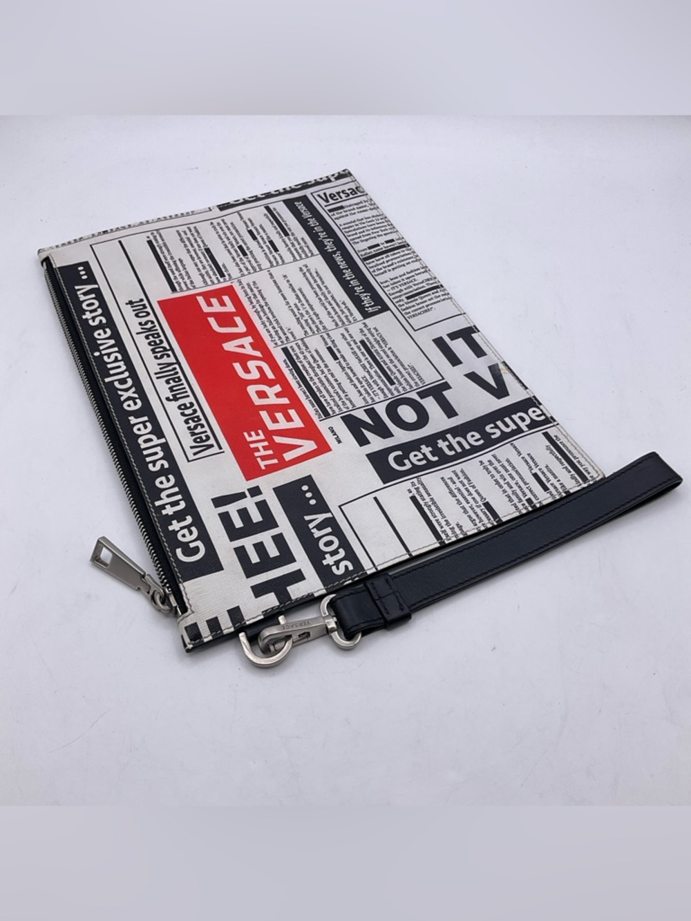 Versace Unisex Tabloid Print Saffiano Leather Wristlet Pouch Bag